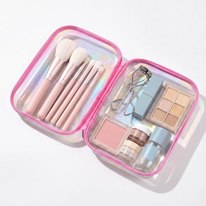 Clear Hard Shell Zipper Case,Makeup Bag,Iridescent Toiletry Bag,2pcs Large Capacity Water-resistant Toiletries Bag,Portable Travel Organizer and Storage,Bathroom Clear Cosmetic Case for Women