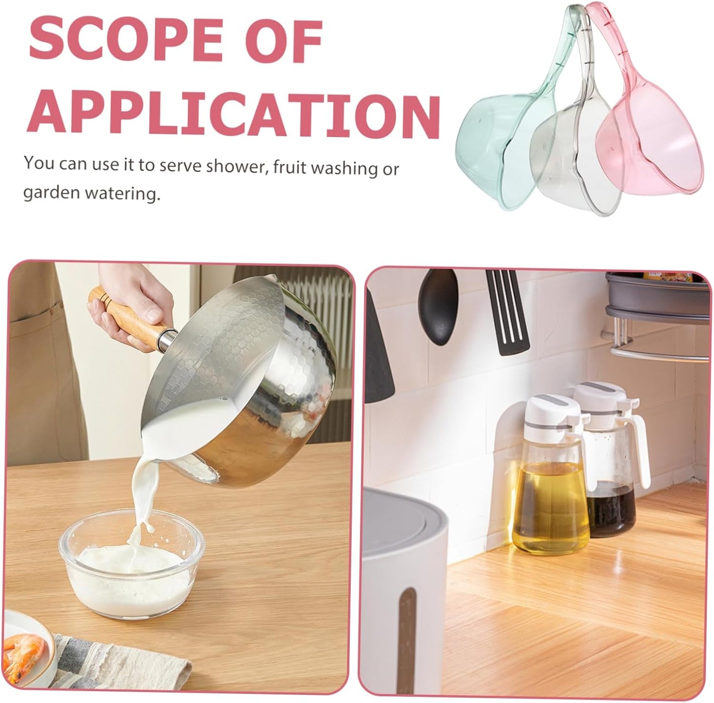 3pcs Portable Water Scoop Thickened Kitchen Ladle for Watering Plants Bathing and Household Use Pink Light Green Brown