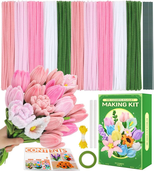 Praisebank Pink Pipe Cleaners for Crafts (400pcs with Instruction), Flower Making Kit, Chenille Stems for DIY Projecets, Arts & Crafts Supplies for Festival Party Decorations