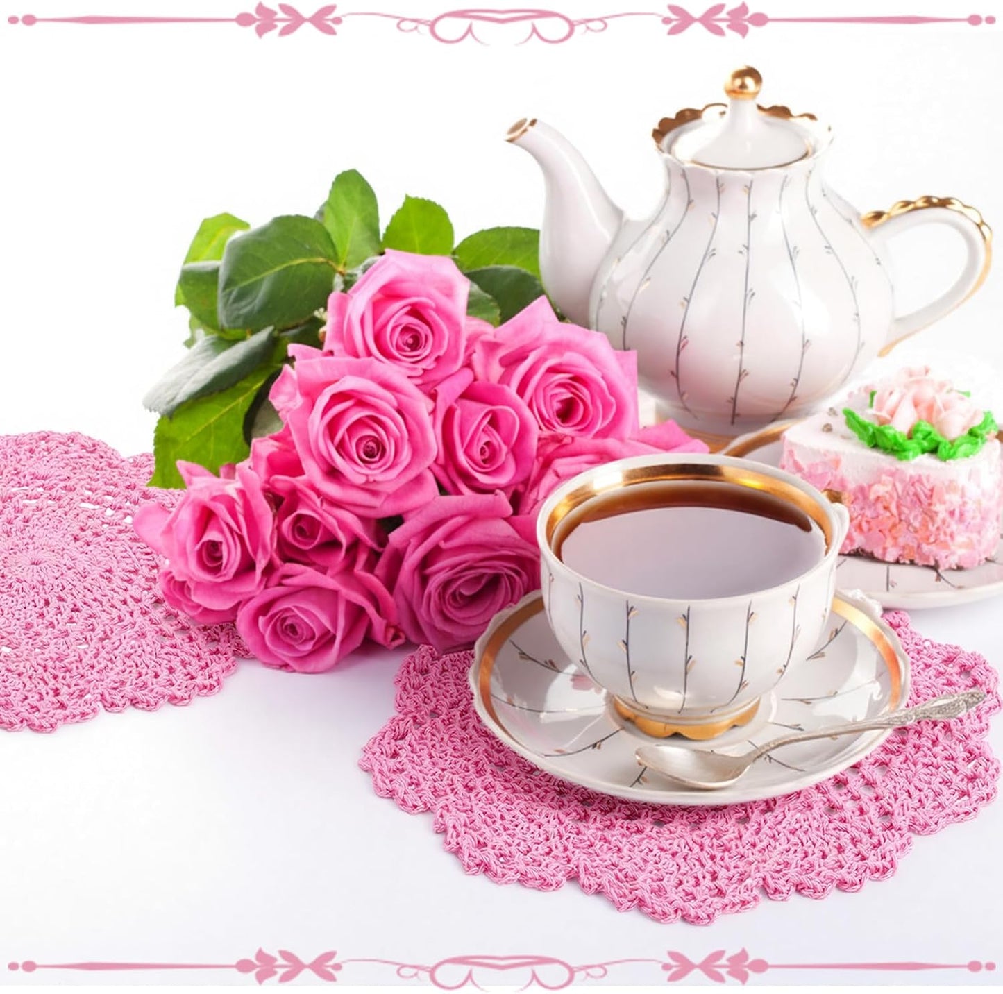 10 Pcs 8 Inch Cute Crochet Doilies Crochet Flower Coasters Handmade Cotton Coaster Round Lace Placemats with Floral Patterns Doily Cloth Set Spring Wedding Easter Party Decoration(Pink)