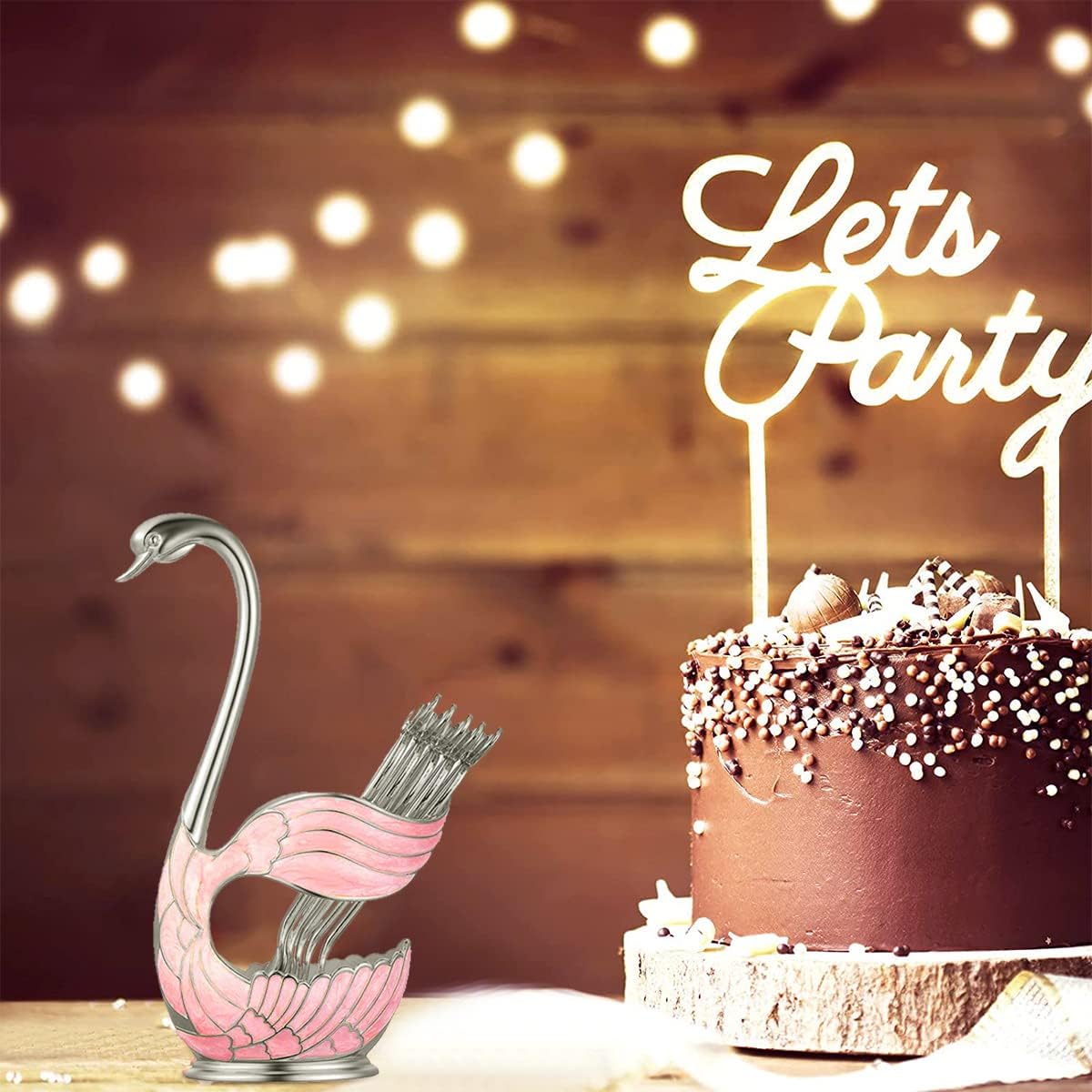 Flylin Metal Swan Base Holder: 6pcs Organizer Set with Ice Cream Spoons, Teaspoons, Dessert Spoon + Spoon Holder (Pink)