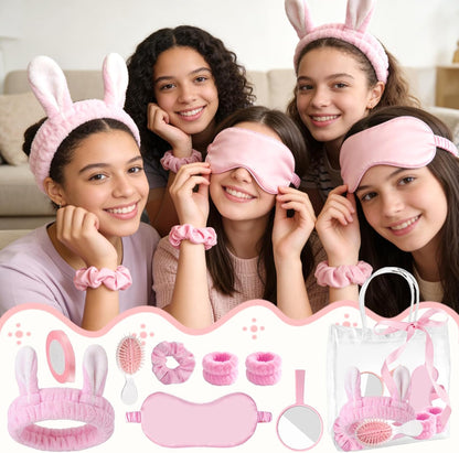 65 Pcs Pink Spa Party Supplies for Girls and Women with Gift Bags, Headband Eye Mask Mirrors Wristband Scrunchie Comb, Sleep Over Party Favors, Birthday Sleepover Slumber Day Essentials Kit