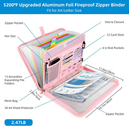 5200℉ Fireproof Document Organizer with 13 Accordion Expanding File Folder, Aluminum Foil Zipper Binder with 30 A4/Letter Sheet Protector, Binder for School Office Home Storage (Pink)