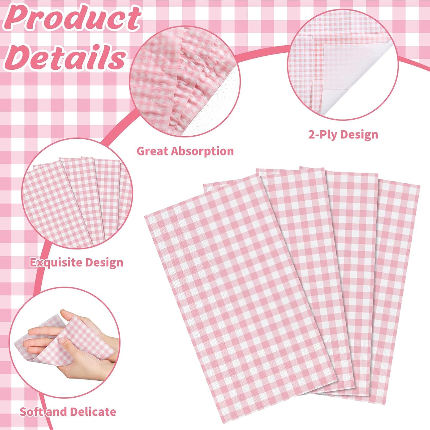 NatNarr 60 Pcs Pink Gingham Napkins, 2 Ply Pink and White Plaid Bathroom Napkin Guest Disposable Checkered Dinner Napkin for Mother's Day Birthday, Baby Bridal Shower, Wedding