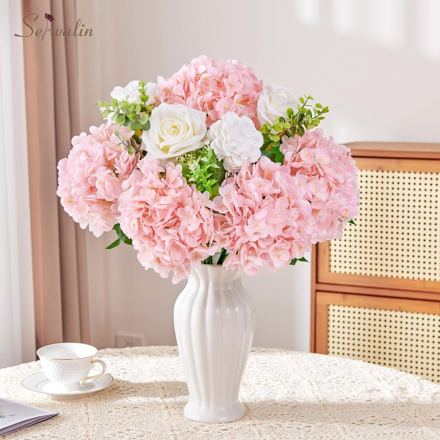 Serwalin 𝟱𝙋𝘾𝙎 3D Real Touch Hydrangea Artificial Flowers, 20in Lifelike Pink Latex Fake Hydrangea Flowers for Wedding Office Family Party Living Room Table Decoration (Pink)