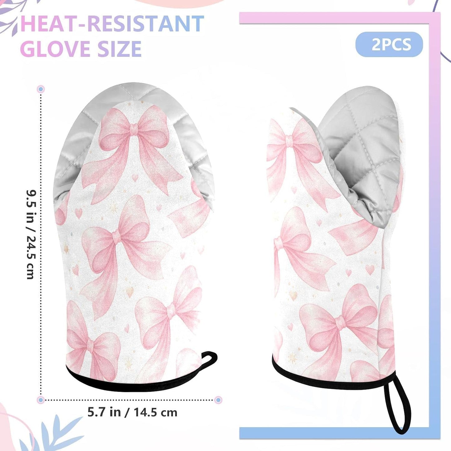 Watercolor Bows Pink Non-Slip Oven Mitts Set Heat Resistant Kitchen Gloves with Quilted Liner Cotton Machine Washable with Hanging Loop for Baking Grilling BBQ