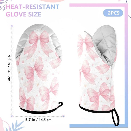 Watercolor Bows Pink Non-Slip Oven Mitts Set Heat Resistant Kitchen Gloves with Quilted Liner Cotton Machine Washable with Hanging Loop for Baking Grilling BBQ