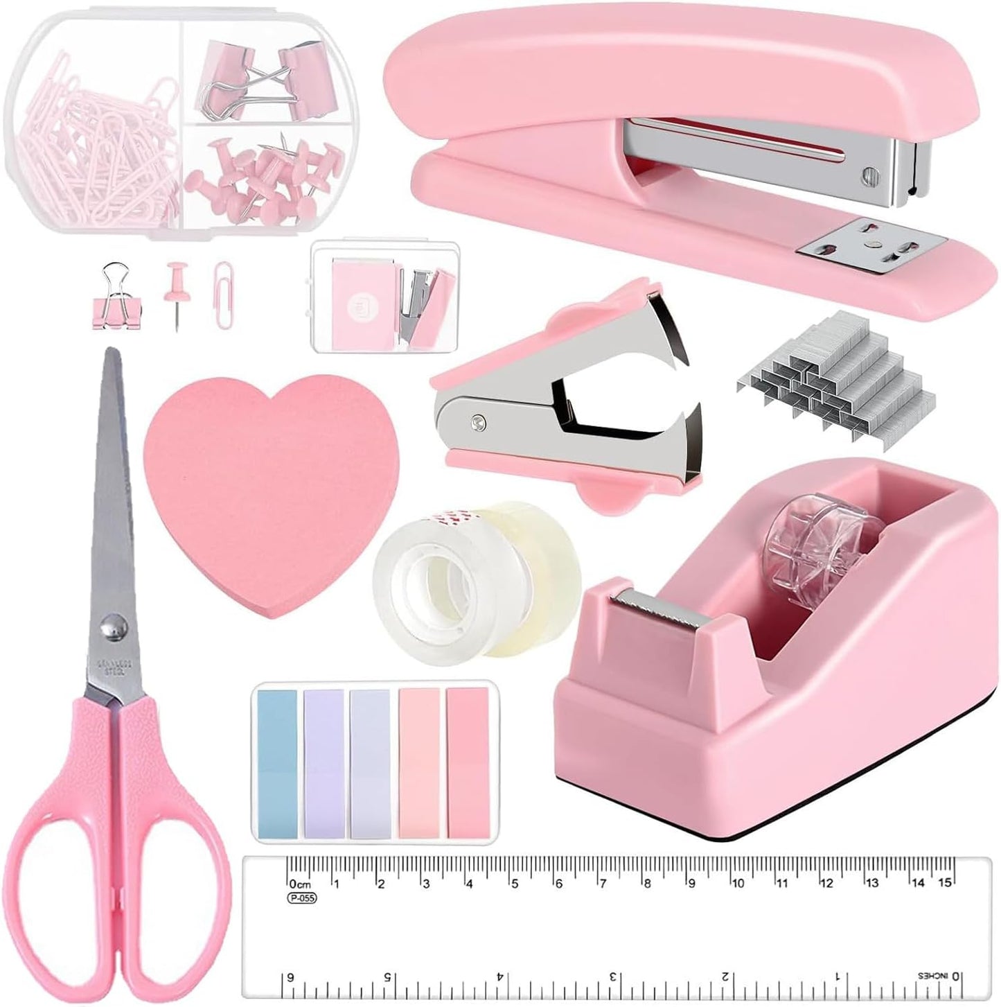 12 Pack Office Supply Kit,Pink Office Supplies Includes Stapler,Tape Dispenser,Staple Remover,Staples,Clips,Scissor,Staples,Clips,Scissor,Ruler and Tabs
