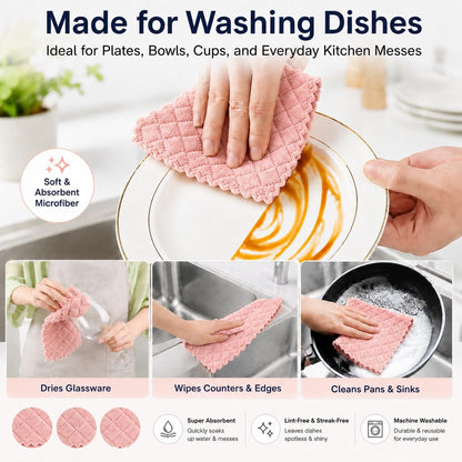 kimteny 12 Pack Dish Cloths for Washing Dishes, Super Absorbent Microfiber Kitchen Dish Rags, Fast Drying Coral Velvet Dish Cloths for Kitchen Counter and Dishes (Pink-Grey)