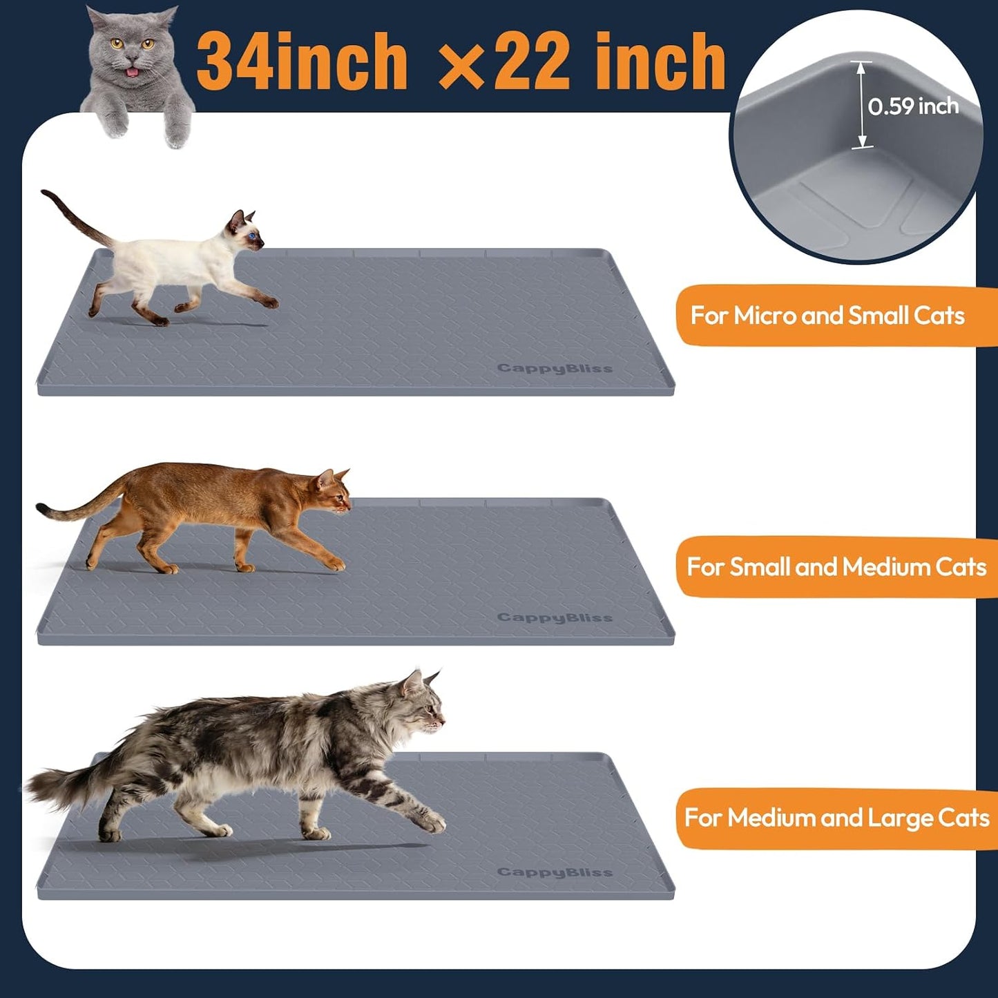 Large Cat Mat for Litter Box, 34"x22" Waterproof Silicone Mat with Litter Trapping, Easy Clean & Non-Slip Floor Pad for Indoor Cats, Pink