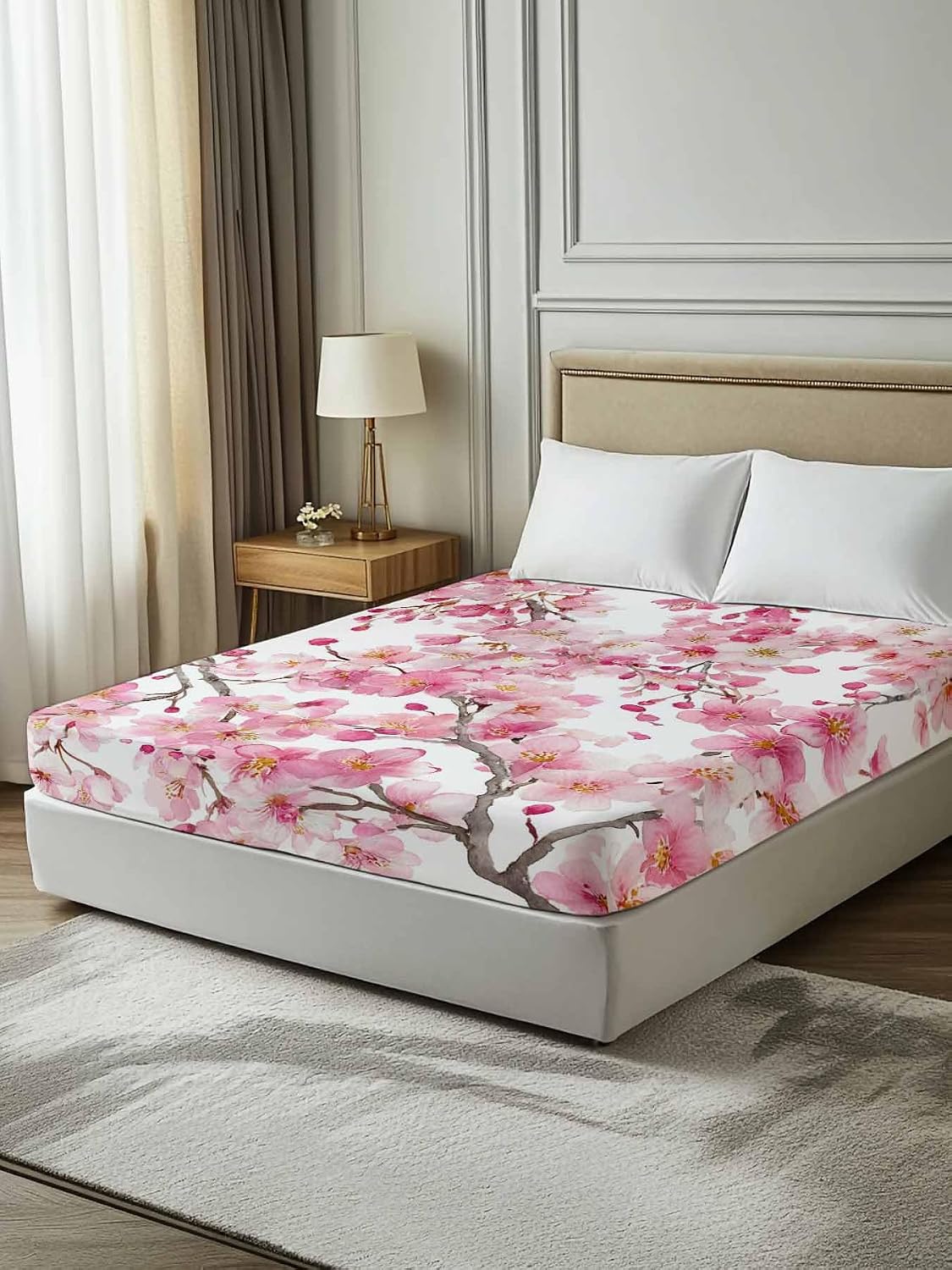 Spring Peach Flowers Flat Sheets Only Full Size, Soft Breathable Bed Top Sheets for Mattress, Pink Botanical Floral Leaves Branch Luxury Bedding Flat Sheets for Home Hotel Bedroom Bed Protection