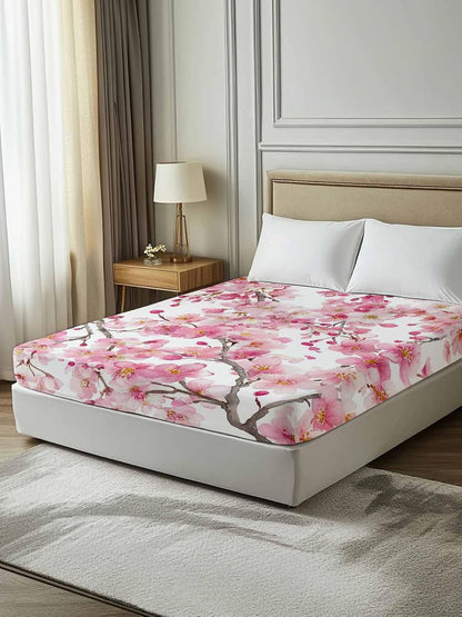Spring Peach Flowers Full Size Sheets - Hotel Quality Full Flat Sheet Only 1 Pack, Pink Botanical Floral Leaves Branch Soft Bed Sheet Brushed Microfiber Bedding Top Sheets for Home Dorm