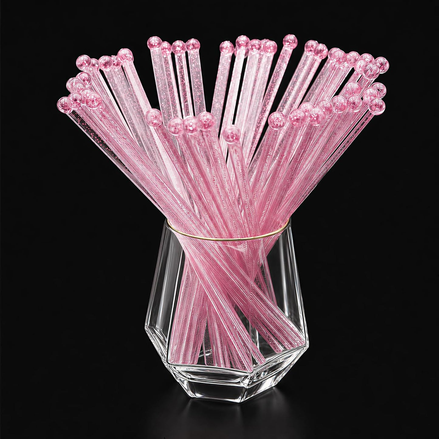 hapray 50-PCS Pink Glitter Plastic Swizzle Sticks, Crystal Cake Pops, Cocktail Coffee Drink Stirrers, Lolipop Stick, for Valentines Day Christmas Party, 7.24 Inch