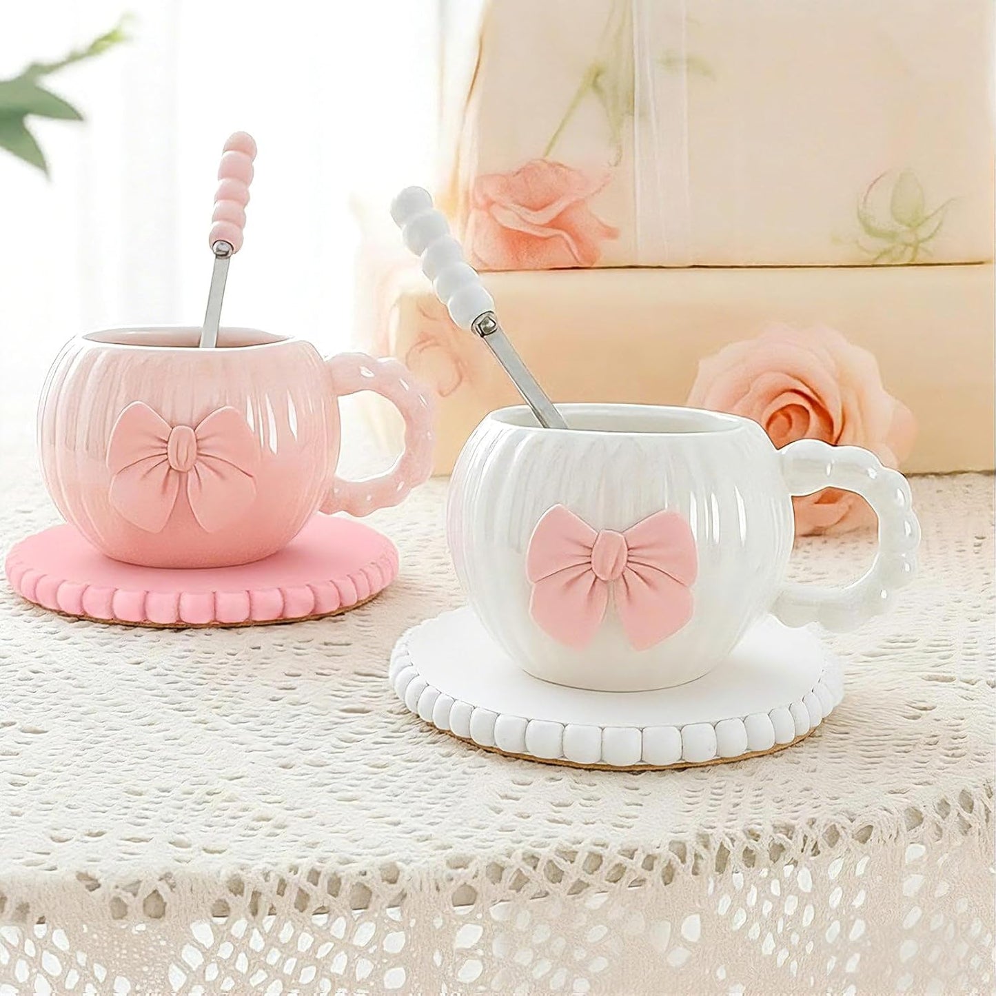 Chengu 8 Pcs Pink Wooden Bead Coasters with Metal Holder Cute Pink Coquette Coasters Desk Decorations Absorbent Rustic Farmhouse Decorative Wooden Cup Mat for Bar Kitchen Housewarming Gifts