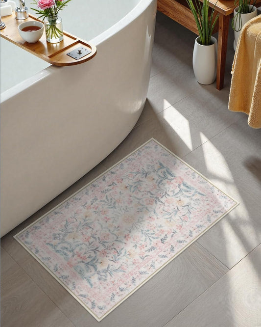 Seavish Pink Floral Bathroom Rug, 16x24 Inch Non-Slip Washable Plush Bath Mat, Soft Absorbent Small Boho Bath Mat for Bathroom Floor Decor, Sink Vanity Shower