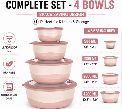 Pera Mixing Bowls with Lids, 8-Piece Airtight Leak-Proof Nesting BPA-Free Bowl Set for Kitchen & Food Storage, Large 4200ml Capacity, Microwave & Dishwasher Safe