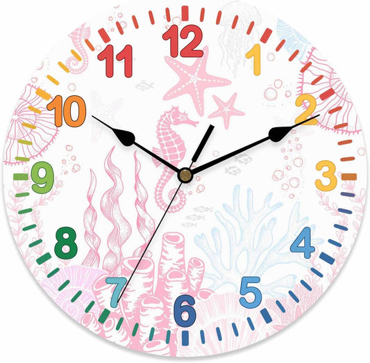 Wall Clock Pink Coral Clocks PVC Silent Non-Ticking Battery Operated Colorful Teaching Starfish Seahorse Seahorse Shell Round Clock for Kids Room Living Room Bedroom Office School Wall Decor 14 Inch