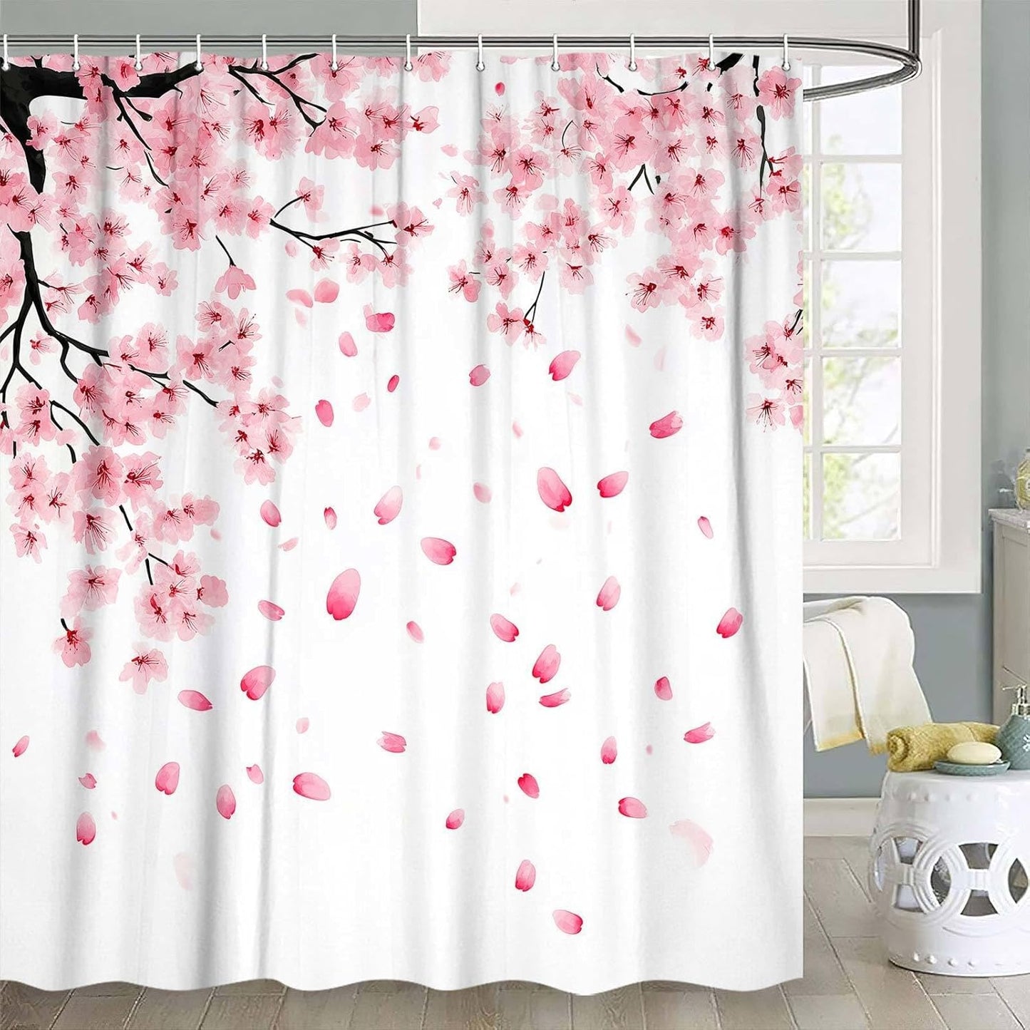 Pink Cherry Blossom Shower Curtain, Floral Blooming Plum Asian Floral Japanese Sakura Shower Curtain for Bathroom Decor, Waterproof Polyester Fabric Bath Curtain with 12 Hooks, 60x70
