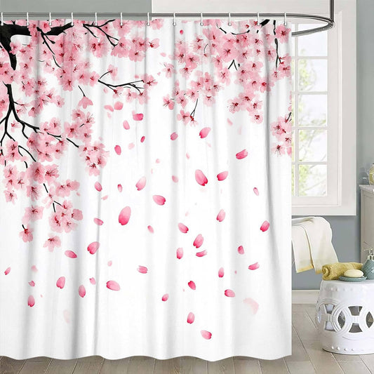Pink Cherry Blossom Shower Curtain, Floral Blooming Plum Asian Floral Japanese Sakura Shower Curtain for Bathroom Decor, Waterproof Polyester Fabric Bath Curtain with 12 Hooks, 60x70