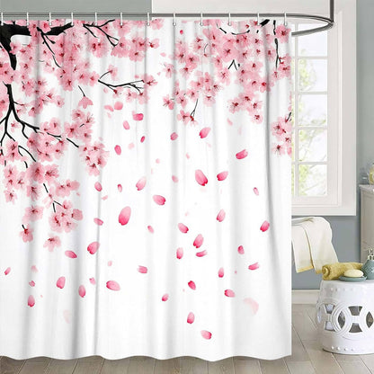 Pink Cherry Blossom Shower Curtain, Floral Blooming Plum Asian Floral Japanese Sakura Shower Curtain for Bathroom Decor, Waterproof Polyester Fabric Bath Curtain with 12 Hooks, 60x70