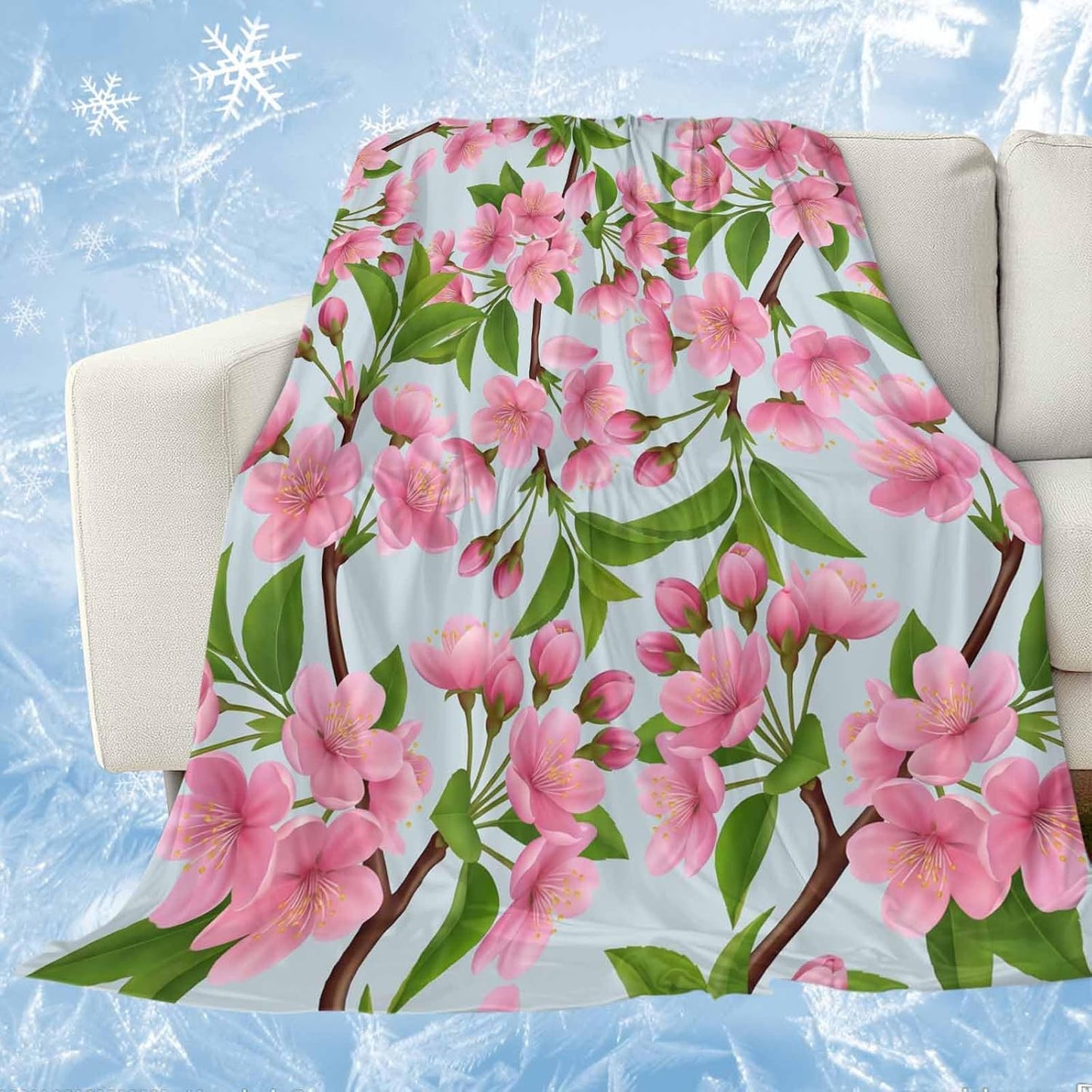 Cooling Blanket for Hot Sleepers, Pink Peach Flowers Lightweight Breathable Summer Blanket, Spring Botanical Watercolor Floral Blue Double-Side Cool Throw Blankets for Sleeping Travel, 30"x40"