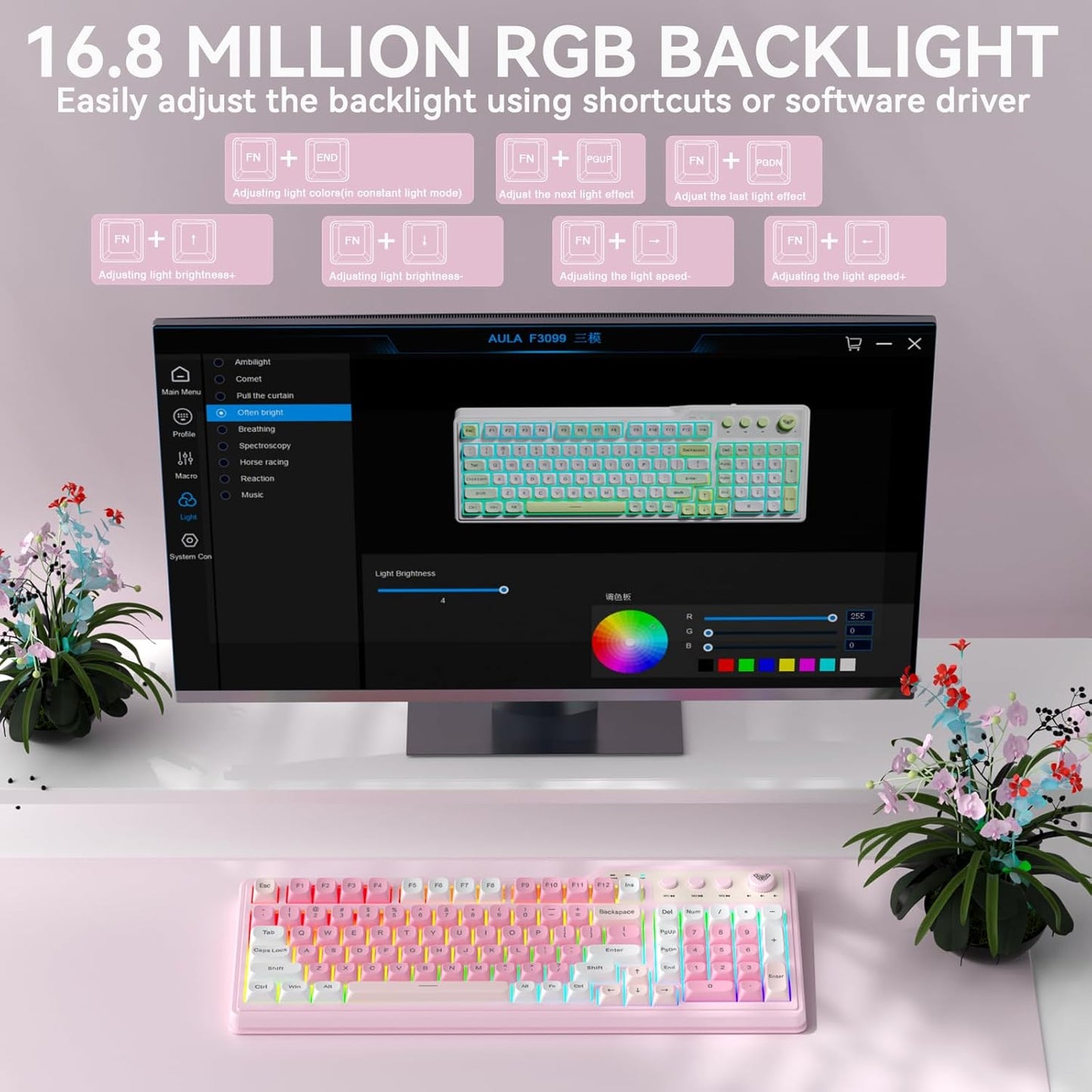 Aula F3099 Wireless Keyboard with Media Knob, Tri-Mode BT5.0/2.4GHz/USB-C Cute Creamy Keyboard with Number Pad, RGB Backlit Gaming Keyboard, Quiet Typing Pink Computer Keyboards for Office Laptop/PC