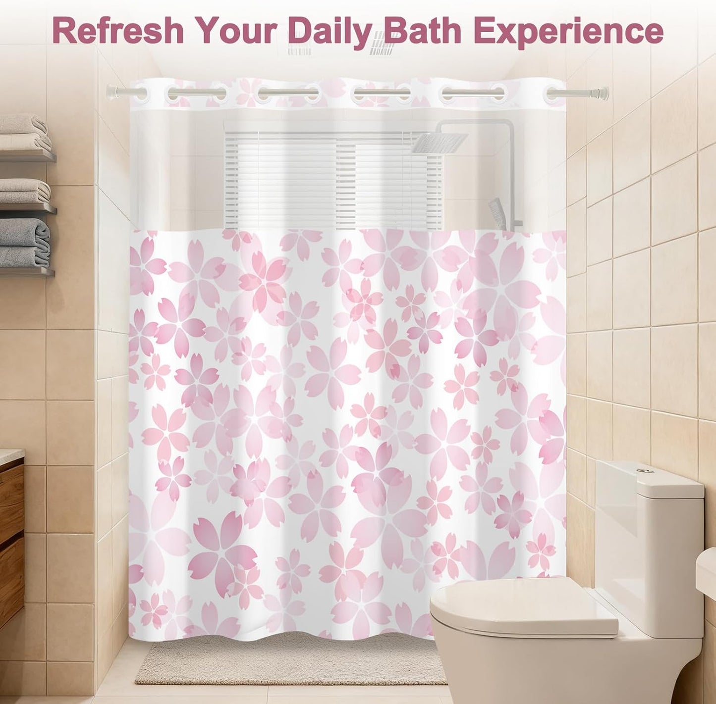 Cherry Blossom Pink Shower Curtain with See Through Window, No Hook Cute Shower Curtain with Weighted Snap On Liner, Double-Layer Waterproof Farmhouse Shower Curtains for Bathroom, 71"W x 74"L