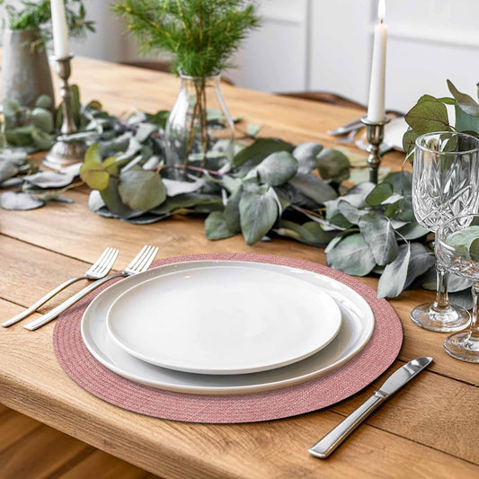Vintage Peach Pink Round 15 Inch Placemats Set of 2, Farmhouse Retro Solid Color Linen Texture HeatResistant Non Slip Place Mats for Dining Table, Wipeable Braided Kitchen Table Mats for Housewarming