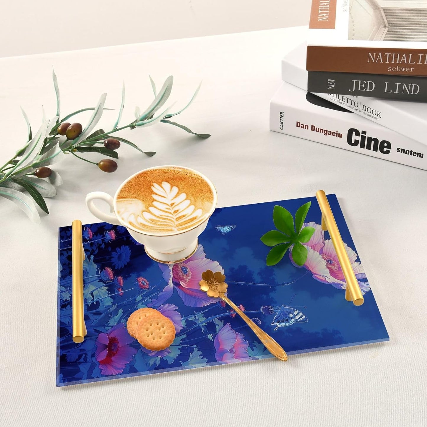 Modern Peach Poppie Butterfly Decorative Acrylic Plastic Trays with Handles Board Serving Tray for Jewelry Perfume for Square Serving bandejas para comida