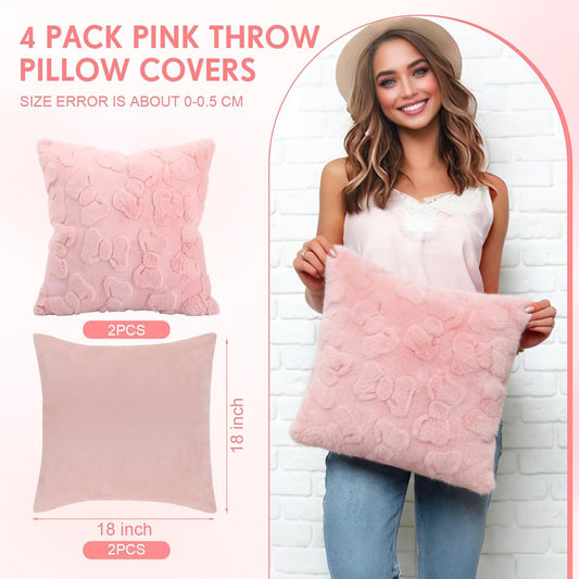 Tiamon 4 Pack Pink Bow Throw Pillow Covers 18 x 18 in Cute Velvet Bow Embroidered Cushion Cover Faux Fur Coquette Preppy Room Decor for Home Room Bedroom Sofa Couch Aesthetic Decorative Pillowcase