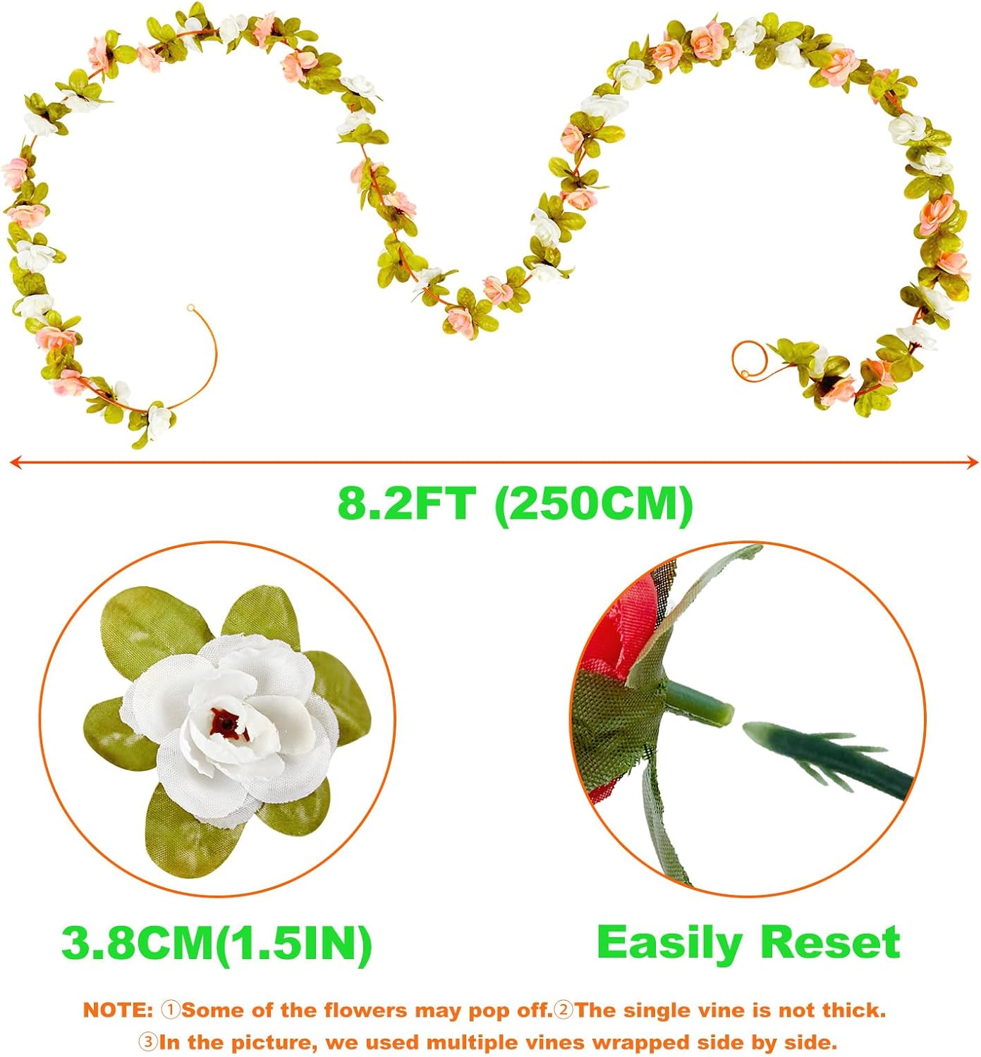 8pcs x 8.2ft Artificial Flower Garland Floral Rose Vine Decor, Pink Flowers | PONKING Fake Rose Vine Flowers Hanging Faux Roses String for Room Party Home Wedding Birthday Wall Arch Decoration