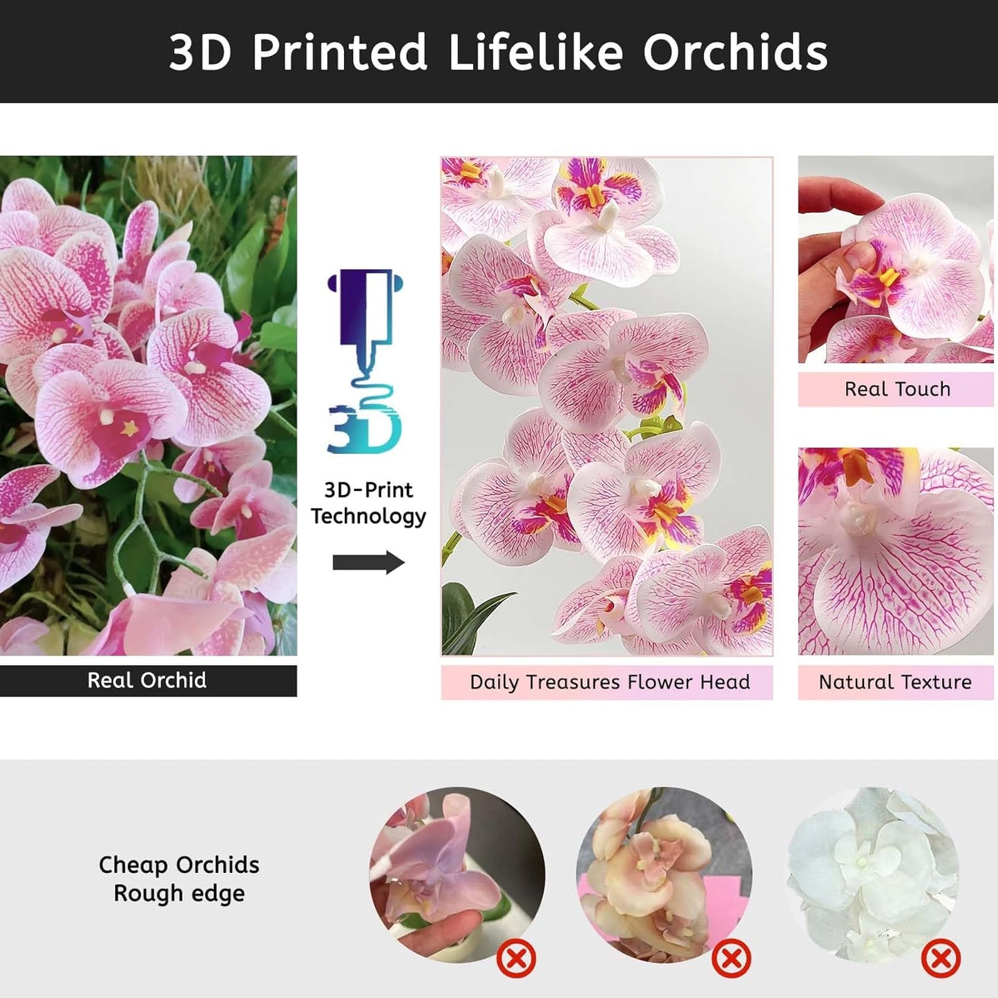 Daily Treasures 13-Heads Artificial Orchid Flower in Pot,50cm Silk Orchid Arrangement with Plastic Vase,Potted Pink Flowers,Silk Phalaenopsis Indoor Decor for Home Table Centerpiece