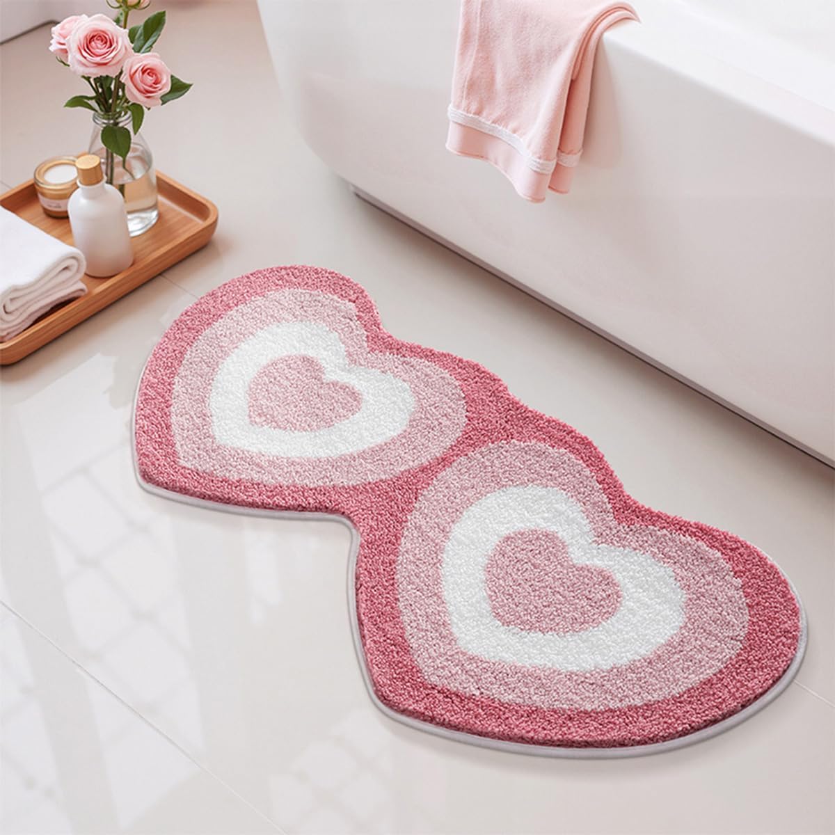 Cute Heart Bath Mat, Red Pink Warm Color Girls' Bathroom Rug, Fluffy and Soft, Anti Slip, High Absorbent, Easy to Clean, Machine Washable for Tub, Shower Mat, 19.7" x 39.4", Heart to Heart