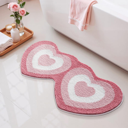 Cute Heart Bath Mat, Red Pink Warm Color Girls' Bathroom Rug, Fluffy and Soft, Anti Slip, High Absorbent, Easy to Clean, Machine Washable for Tub, Shower Mat, 19.7" x 39.4", Heart to Heart