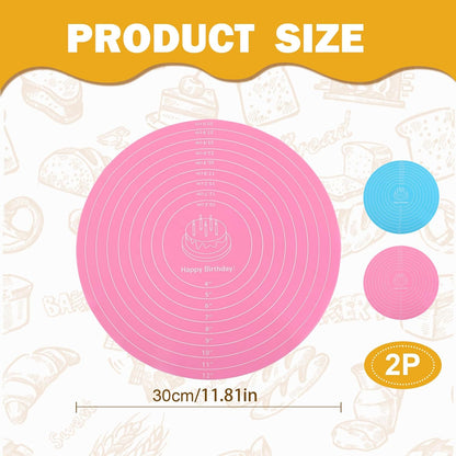 2Pcs Silicone Baking Mat, 12 Inch Round Baking Mat with Measurements Reusable Turntable Stand Pastry Baking Sheet for Rolling Out Dough Cake Pizza and Cookies (Pink, Blue)