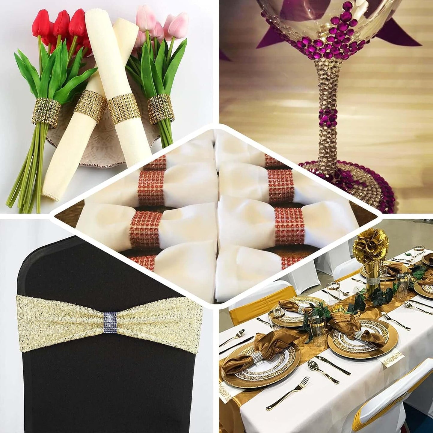 Efavormart 10 Pack Pink Diamond Rhinestone Napkin Ring with Self Adhesive Strip for Wedding Banquet Party