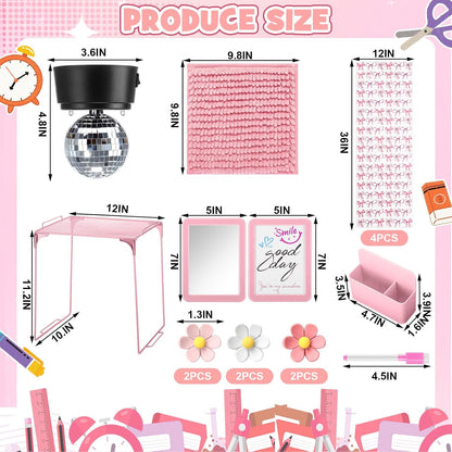 Pinkunn 17 Pcs Disco Ball Locker Accessories Include Locker Organizer Shelf Disco Ball Rug Magnetic Mirror Whiteboard Pen Holder Flower Magnets Marker for Back to School Essentials (Pink,Preppy)