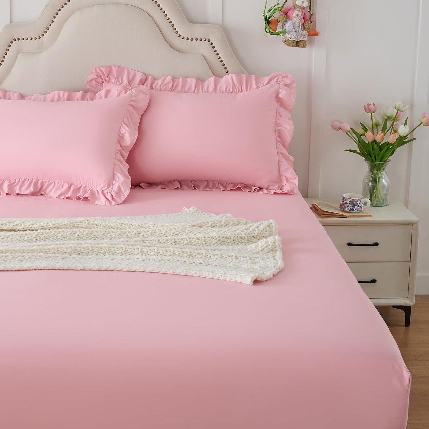 Homiest 3-Pieces Ruffle Pillow Case & Fitted Sheet Set, Light Pink Queen Sheets with 2 Ruffled Pillow Shams, 15 Inch Deep Pocket, Cute & Coquette Microfiber Bed Set for Decorating Bedroom Hotel