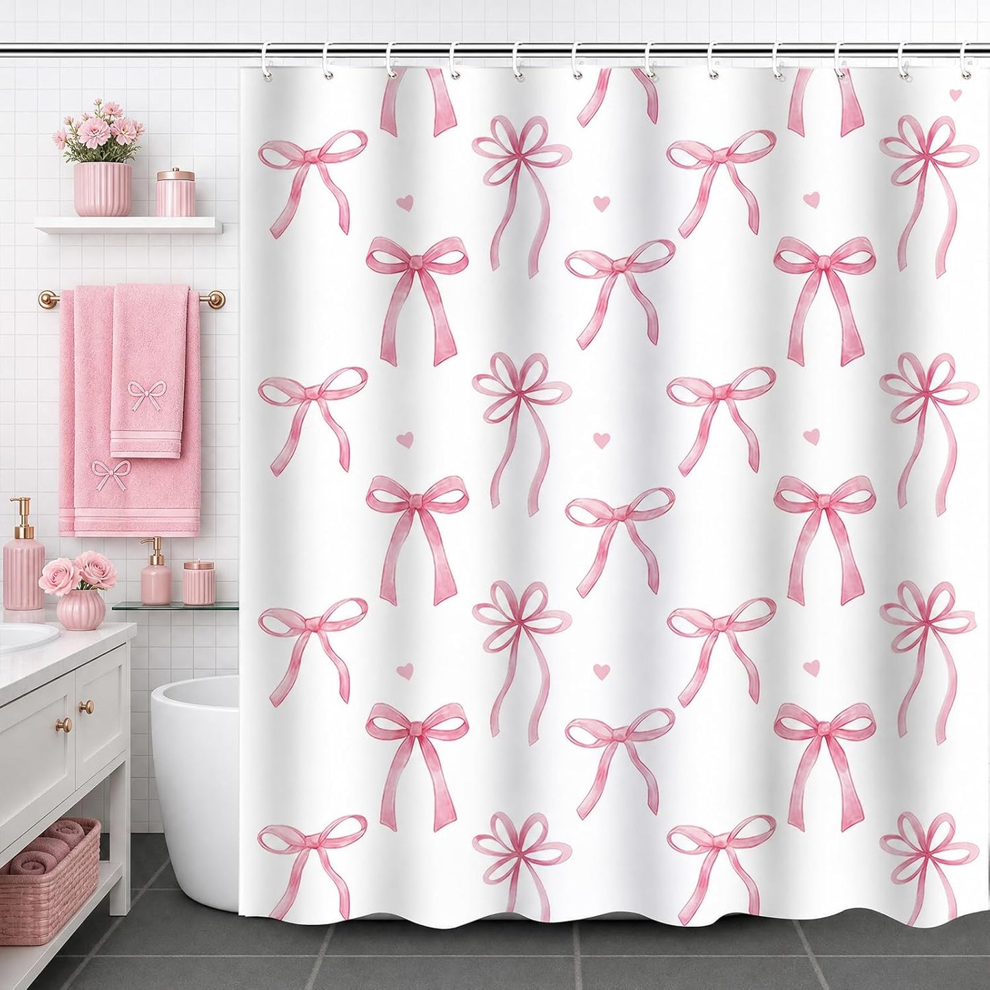 Pink Bow Shower Curtain Coquette Cute Ribbon Bowknot Heart Preppy Kids Girls Dorm Bathroom Decor Waterproof Fabric Bath Curtain 72 x 72 Inch with 12 Hooks