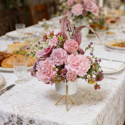 Artificial Pink Carnation and Orchid Flower Arrangement in White Ceramic Vase with Gold Stand (Pink)