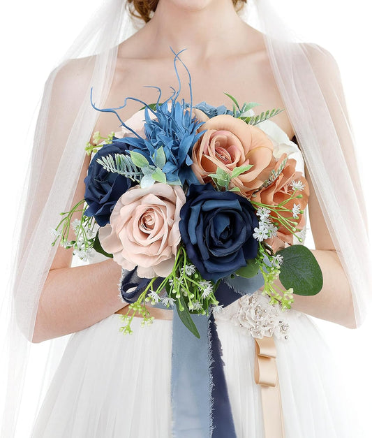 Wedding Bouquets for Bride - Artificial Bridal Bouquets Pre-Made Roses Flower Bouquets for Vintage Wedding or Centerpieces Decoration - Dusty Blue & Pink