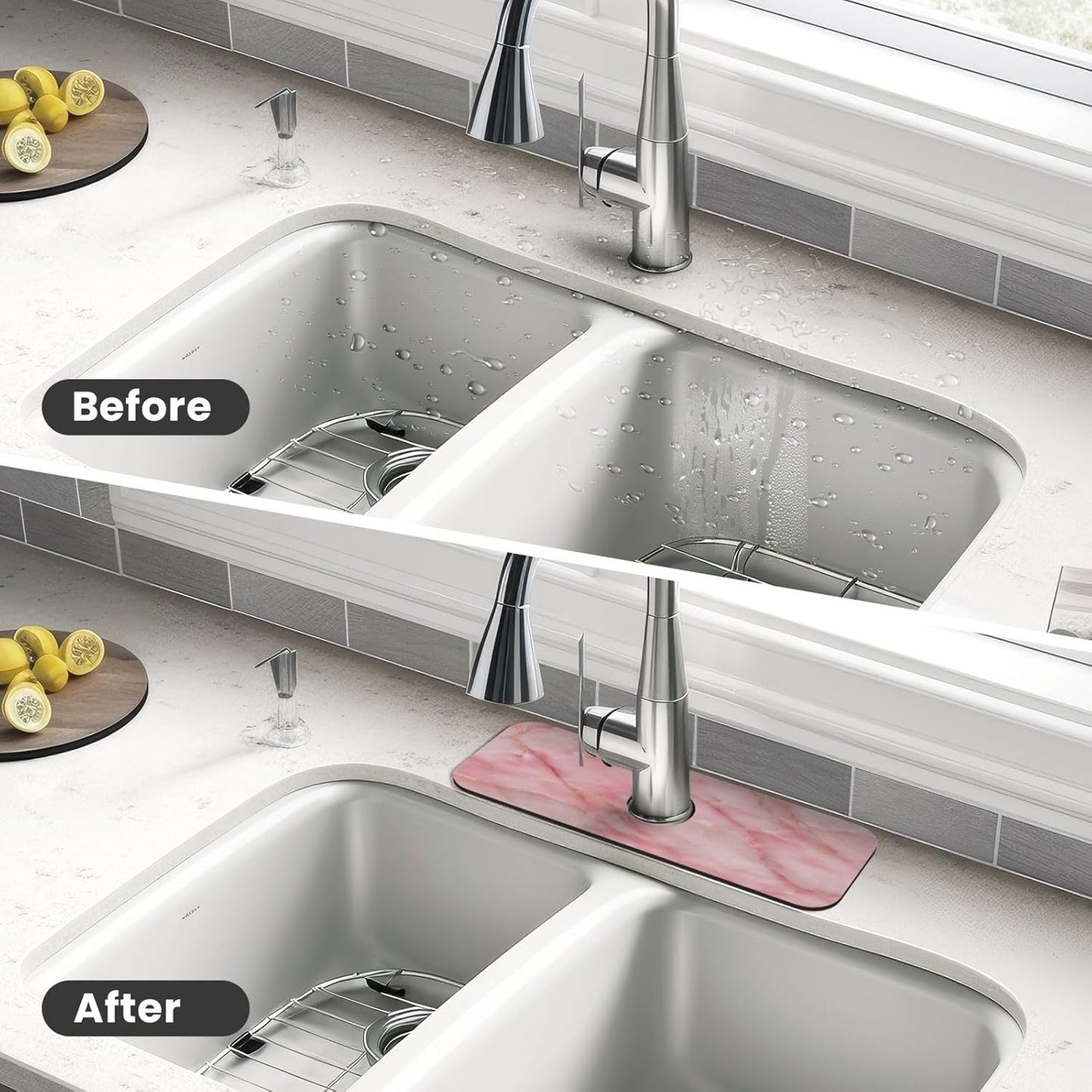 Light Pink Marble Tile Faucet Mat Splash Guard, Absorbent Quick-Dry Kitchen Sink Mat,Ideal For Splash Guard Drip Catching