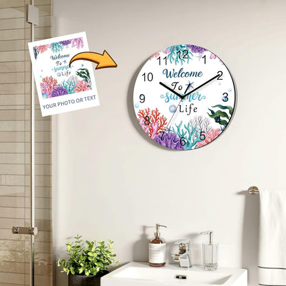 Underwater Coastal Wall Clock Battery Operated Non-Ticking 12" Round Wood Clocks, Summer Ocean Pink Plaid Corals Kitchen Wall Clock for School Bathroom Living Room Home Office Wall Decor