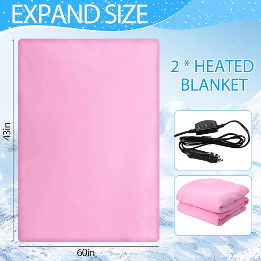 HunnmingRe 2 Pack Heated Car Blanket,12 Volt 3 Heating Levels 60" X 43" Electric Blanket Adjustable Temperature Portable Heated Throw for Car SUV RV Camping Winter Cold Weather (Pink)