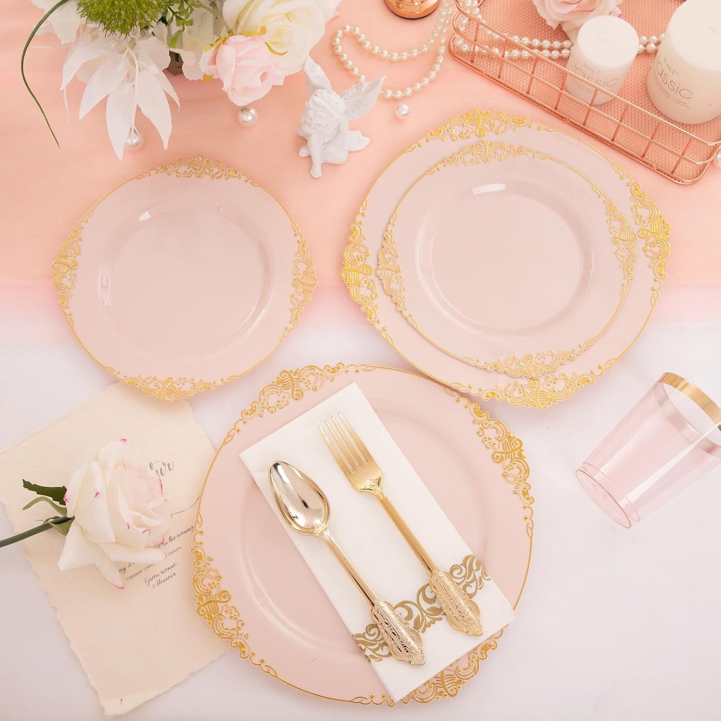 Morejoy 175pcs Pink Plastic Plates - Pink and Gold Disposable Plates sets, Include 25 Dinner Plates,25 Dessert Plates,25 Cutlery Sets,25 Napkins Perfect for Wedding & Party