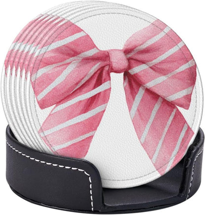 Light Pink Watercolor Bow with White Stripes Premium Leather Coasters, Set of 6 with Holder, Stylish Beverage Coasters for Kitchen Coffee Bar