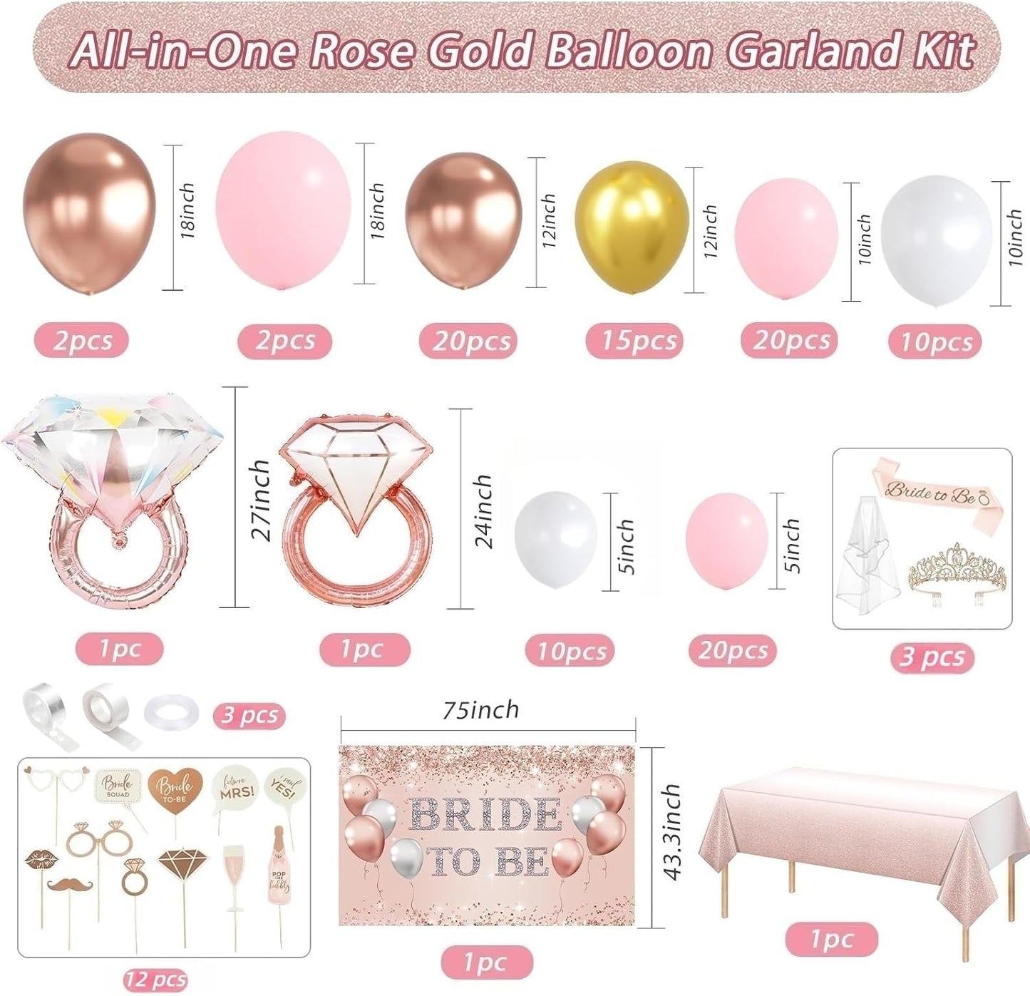 121 Pcs Bachelorette Party Decorations Kit Rose Gold Bridal Shower Balloons Decor Bride to Be Backdrop, Sash, Veil, Crown, Diamond Ring Foil Balloons, Photo Booth Props Supplies
