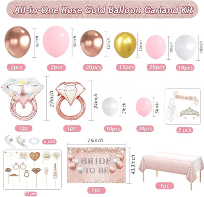 121 Pcs Bachelorette Party Decorations Kit Rose Gold Bridal Shower Balloons Decor Bride to Be Backdrop, Sash, Veil, Crown, Diamond Ring Foil Balloons, Photo Booth Props Supplies