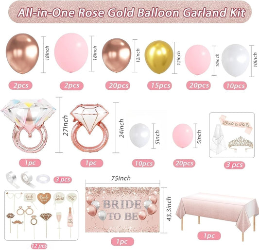 121 Pcs Bachelorette Party Decorations Kit Rose Gold Bridal Shower Balloons Decor Bride to Be Backdrop, Sash, Veil, Crown, Diamond Ring Foil Balloons, Photo Booth Props Supplies