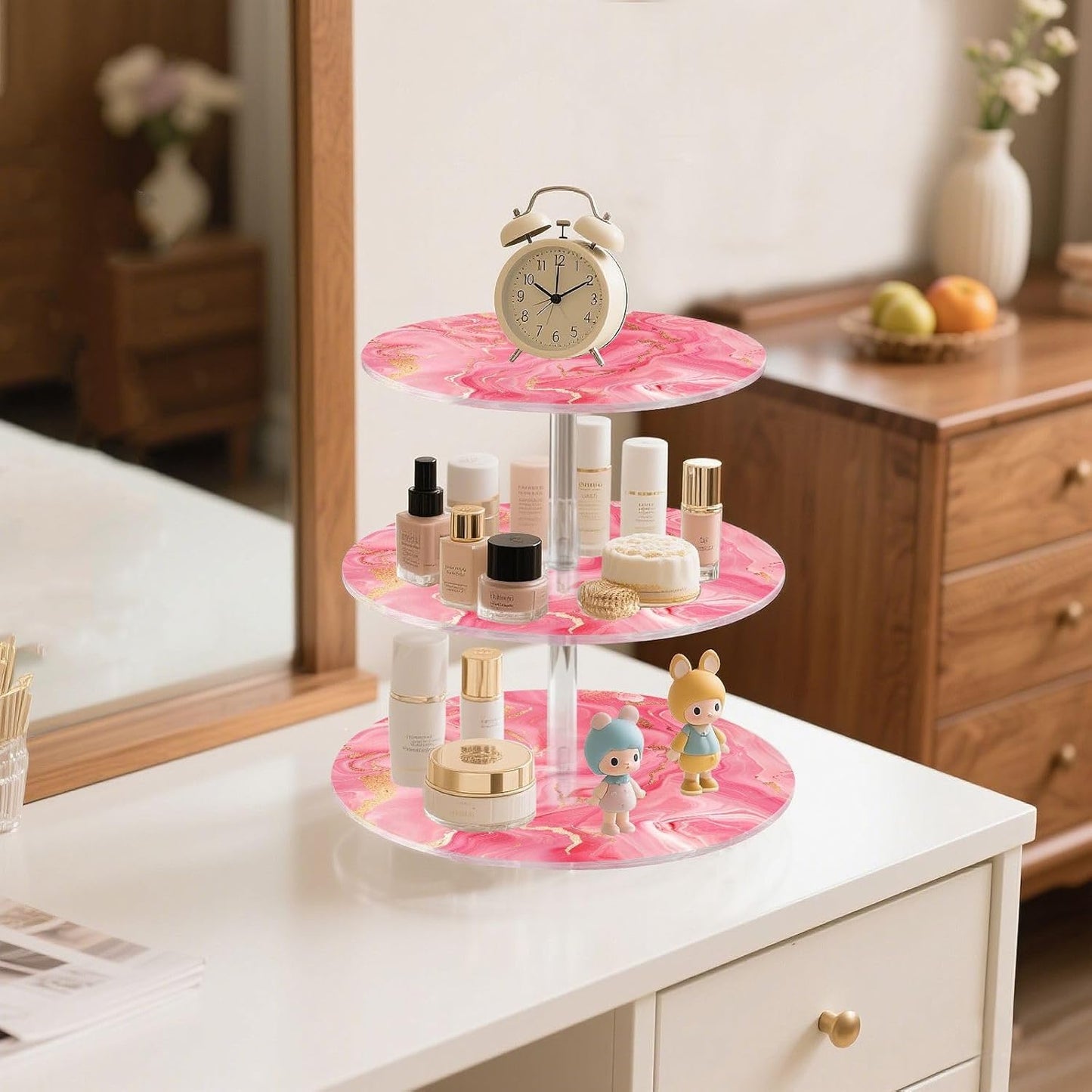 Peach Marble Circular Acrylic Tray Waterproof Display Stand Party